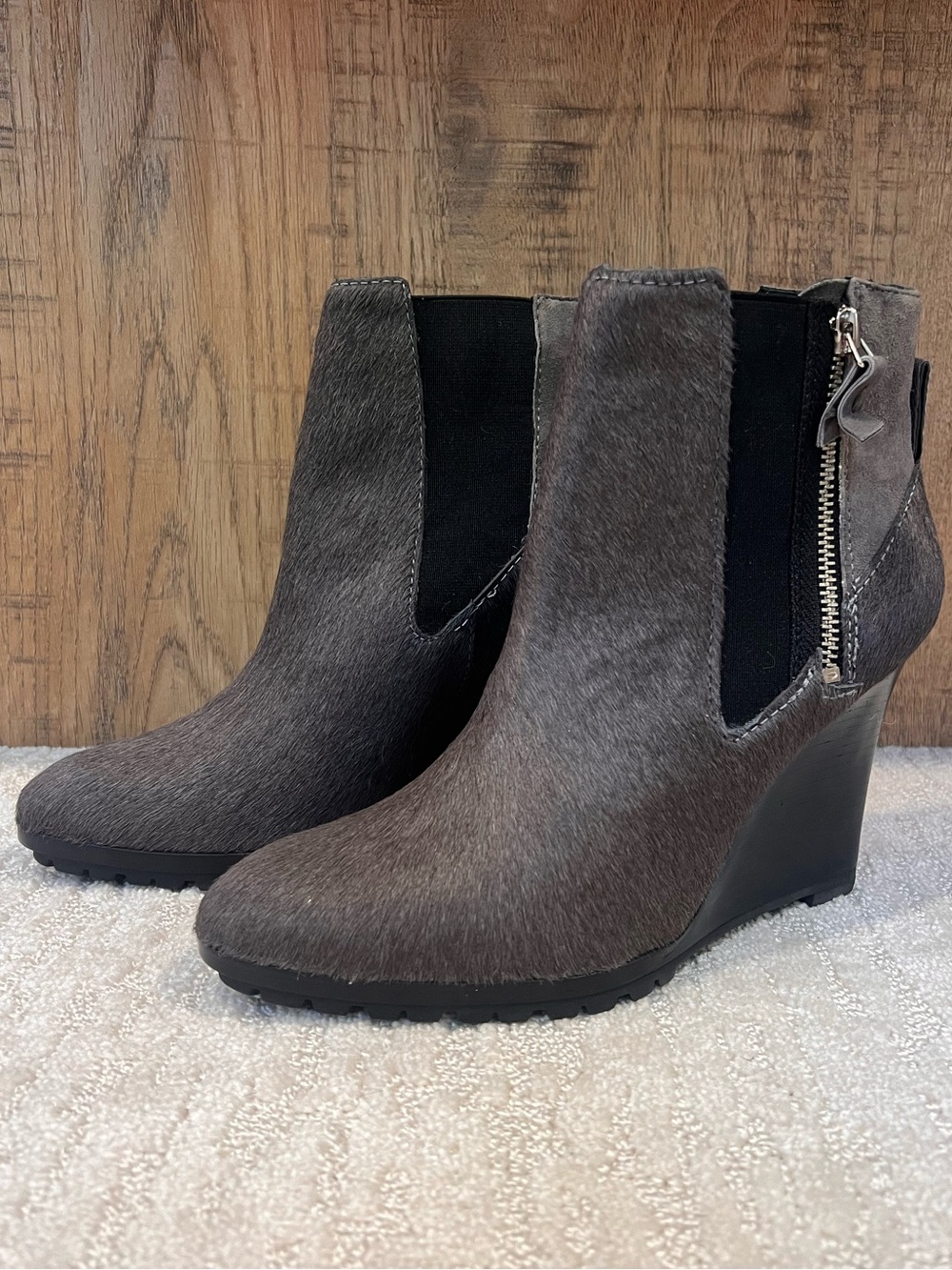 10 Crosby Derek Lam Gray Calf Hair Wedge Ankle Boots Real Fur